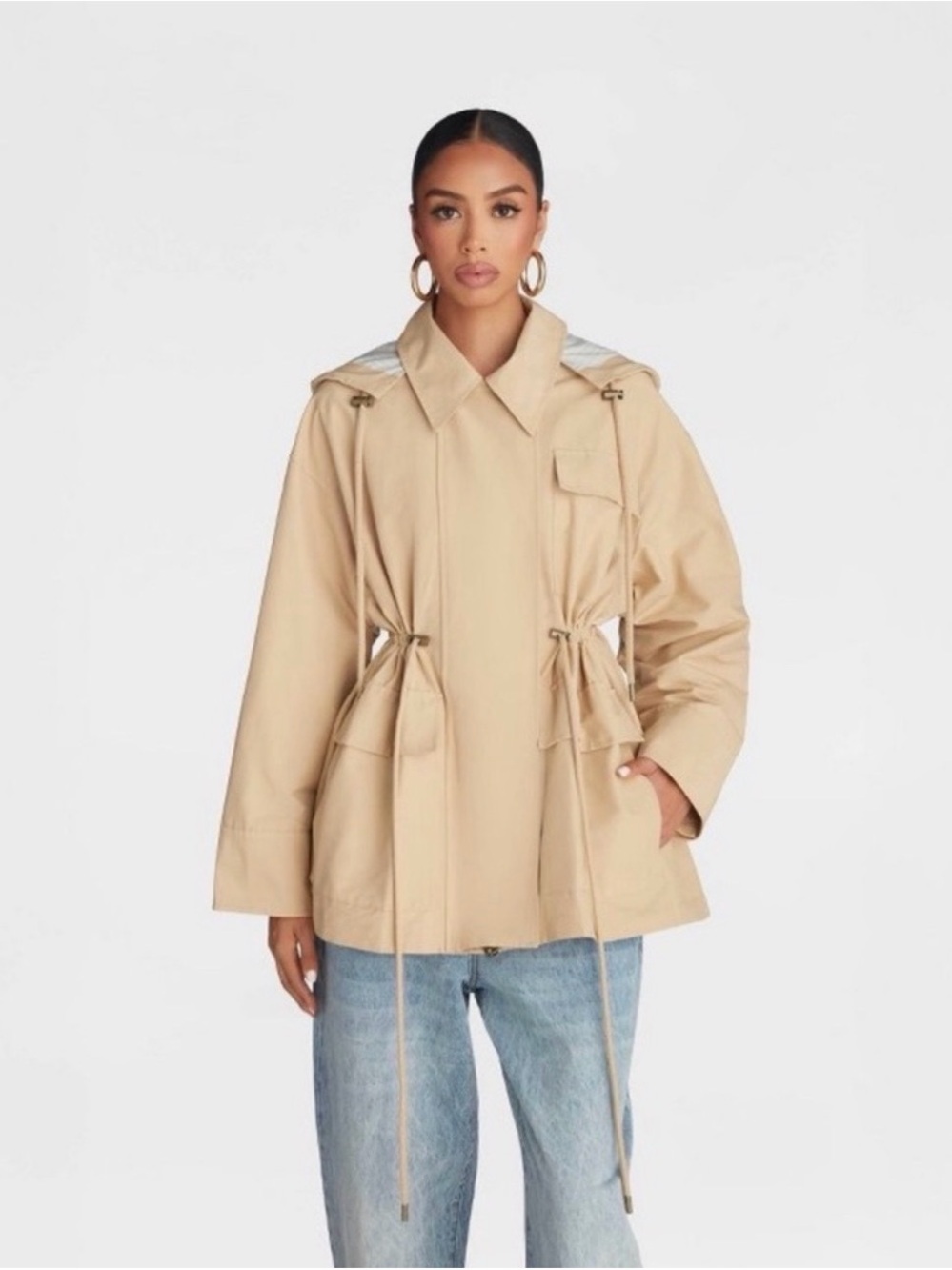 Women's Hooded Anorak Drawstring Waist Utility Oversized Jacket -Tan Medium NWT - Picture 3 of 11